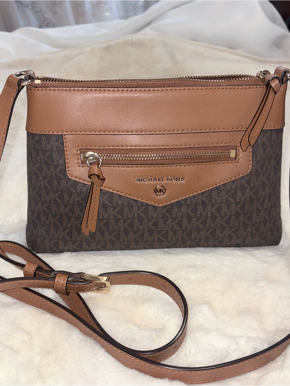 Michael Kors Brown and Tan Monogram Crossbody Pouch